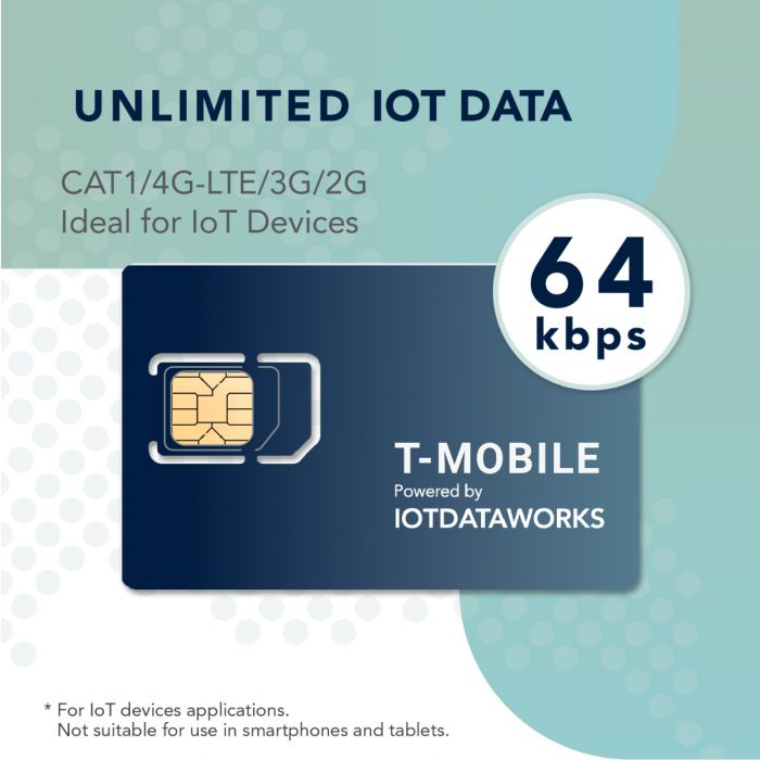 IoTDataWorks 64 kbps Unlimited IoT SIM Card for 12 Months | No Contracts, No Usage Limits | No Voice, No SMS | CAT1, 4G LTE/3G | T-Mobile (USA) | Not Intended for Phones or Tablets